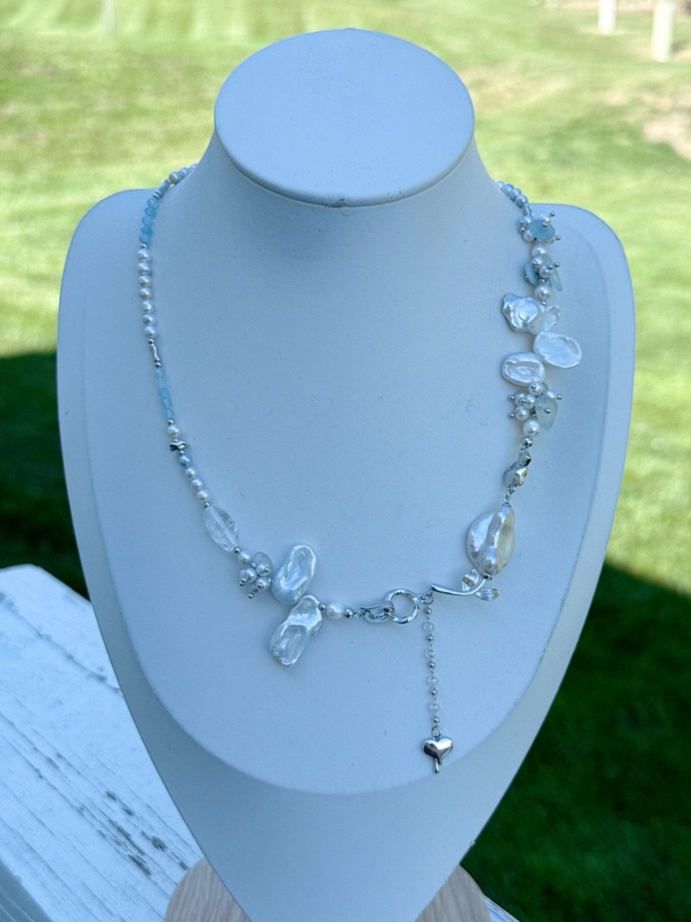 26X343 Handmade Freshwater Baroque Pearl Aqua Marine Necklace 18”